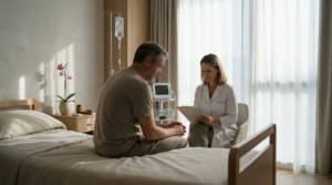 Liječnica razgovara s pacijentom u privatnoj bolničkoj sobi tijekom procjene simptoma apstinencijskog sindroma i planiranja daljnje medicinske skrbi