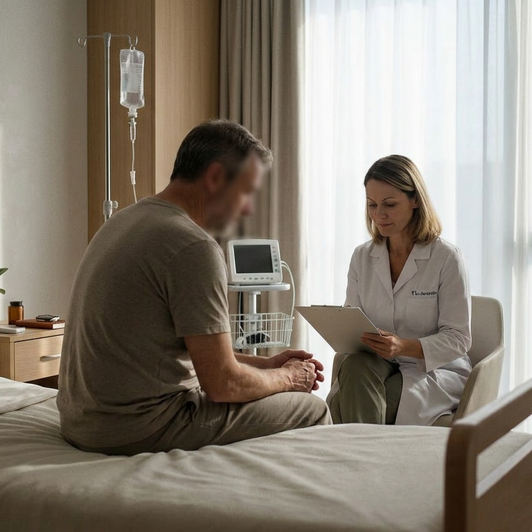 Liječnica razgovara s pacijentom u privatnoj bolničkoj sobi tijekom procjene simptoma apstinencijskog sindroma i planiranja daljnje medicinske skrbi
